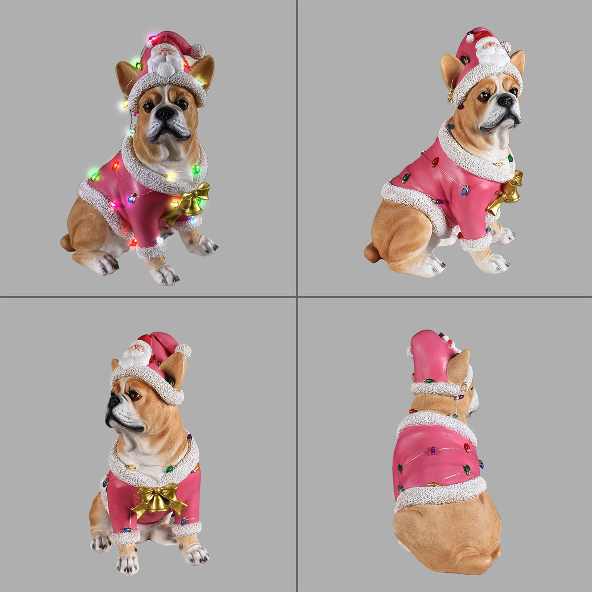 Christmas French Bulldog Statue with Pink Santa Outfit - Resin