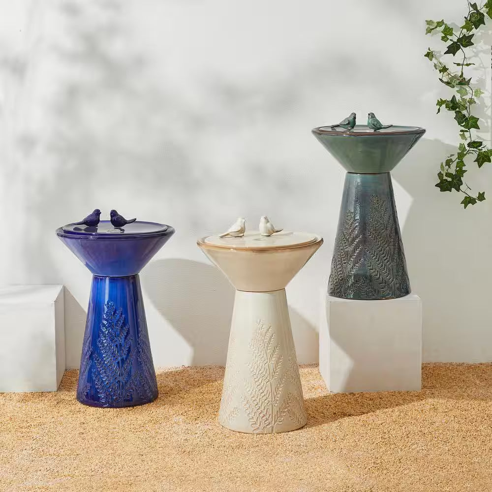 27.5 In. H Turquoise 2 Birds Embossed Plant Pattern Pedestal Ceramic Fountain with Pump and LED Light (KD)