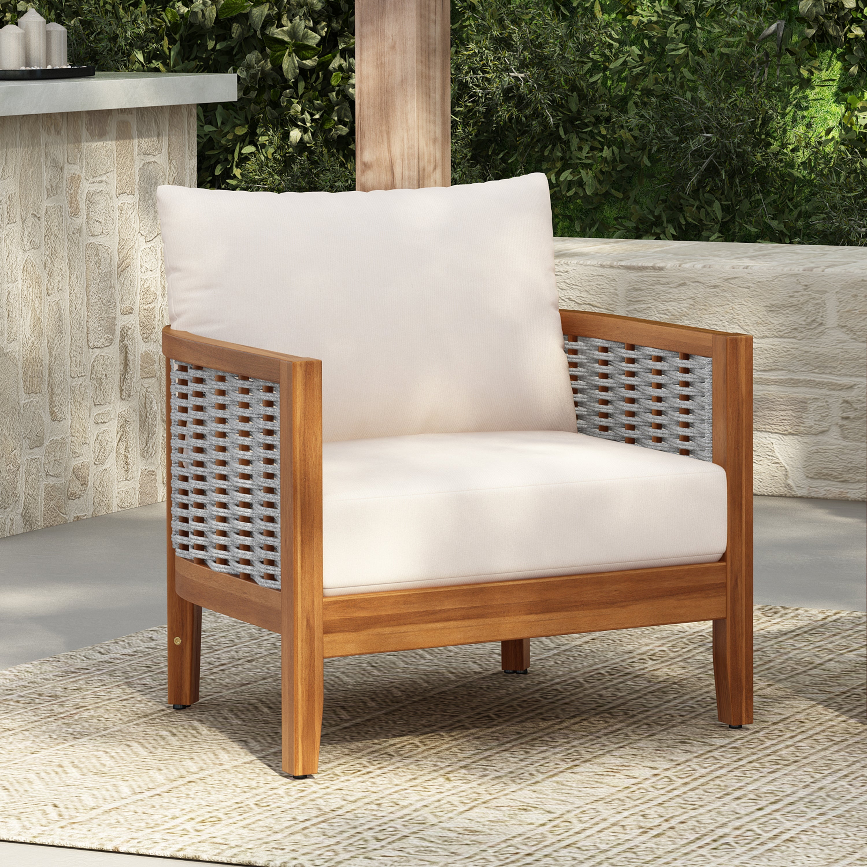 Outdoor Tub Design Armchair with Woven Rope and Acacia Wood