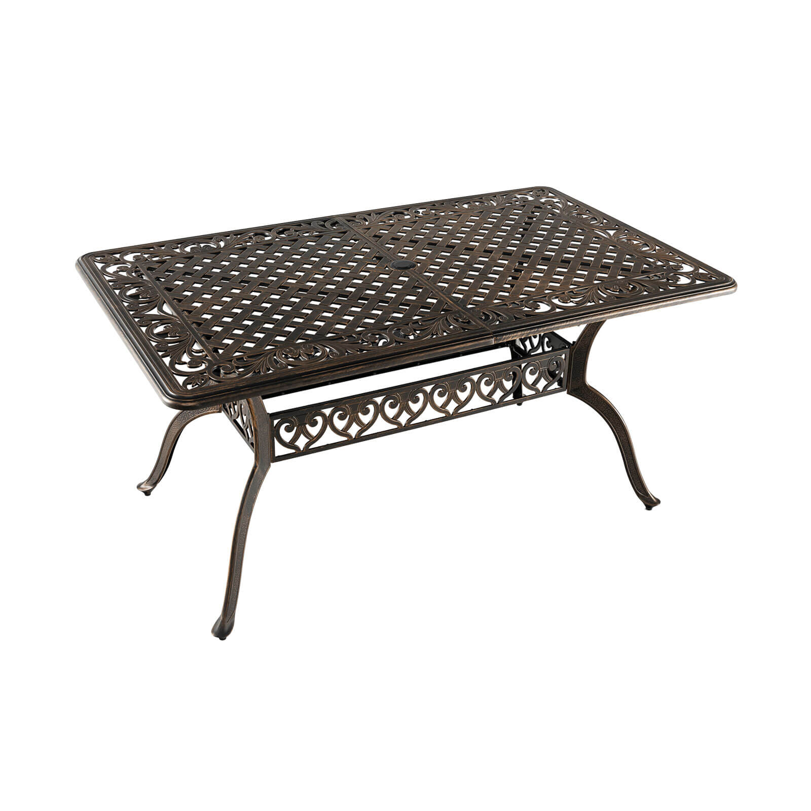 59 Inch Aluminum Patio Dining Table with Umbrella Hole fot 6 Persons-Bronze