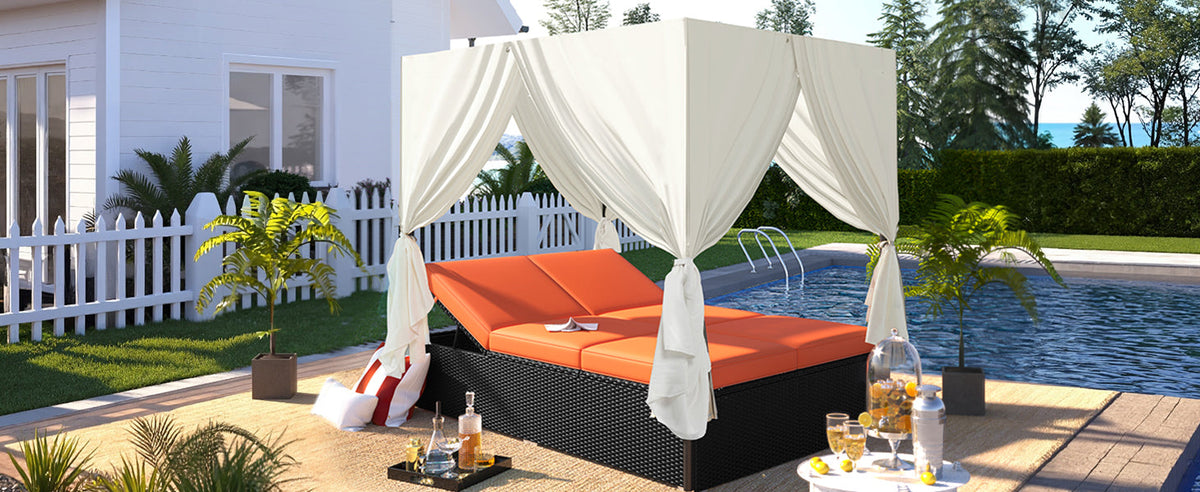 U_STYLE Outdoor Double Chaise Lounge Daybed with Curtains