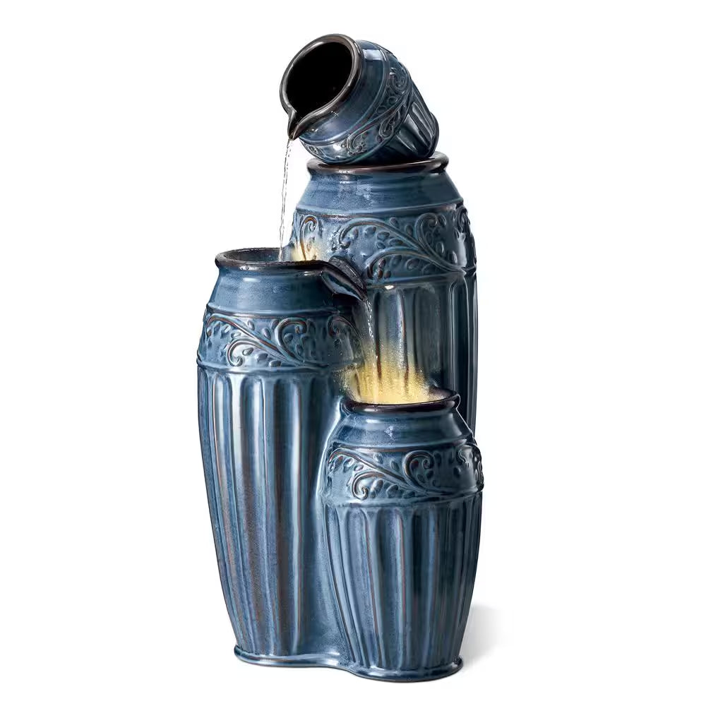 35.5 In. H Outdoor Oversized 4-Tiered Turquoise Embossed Pattern Ceramic Pots Floor Fountain with Pump and LED Light