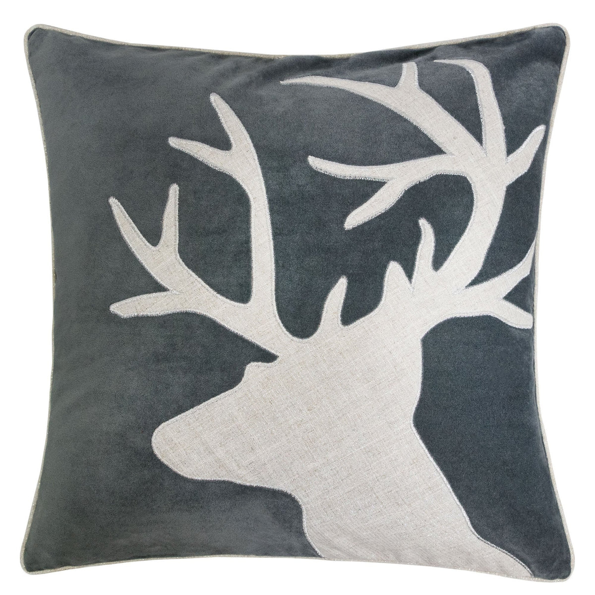 Holiday Reindeer Velvet Accent Pillow with White Appliqué - Gray and White