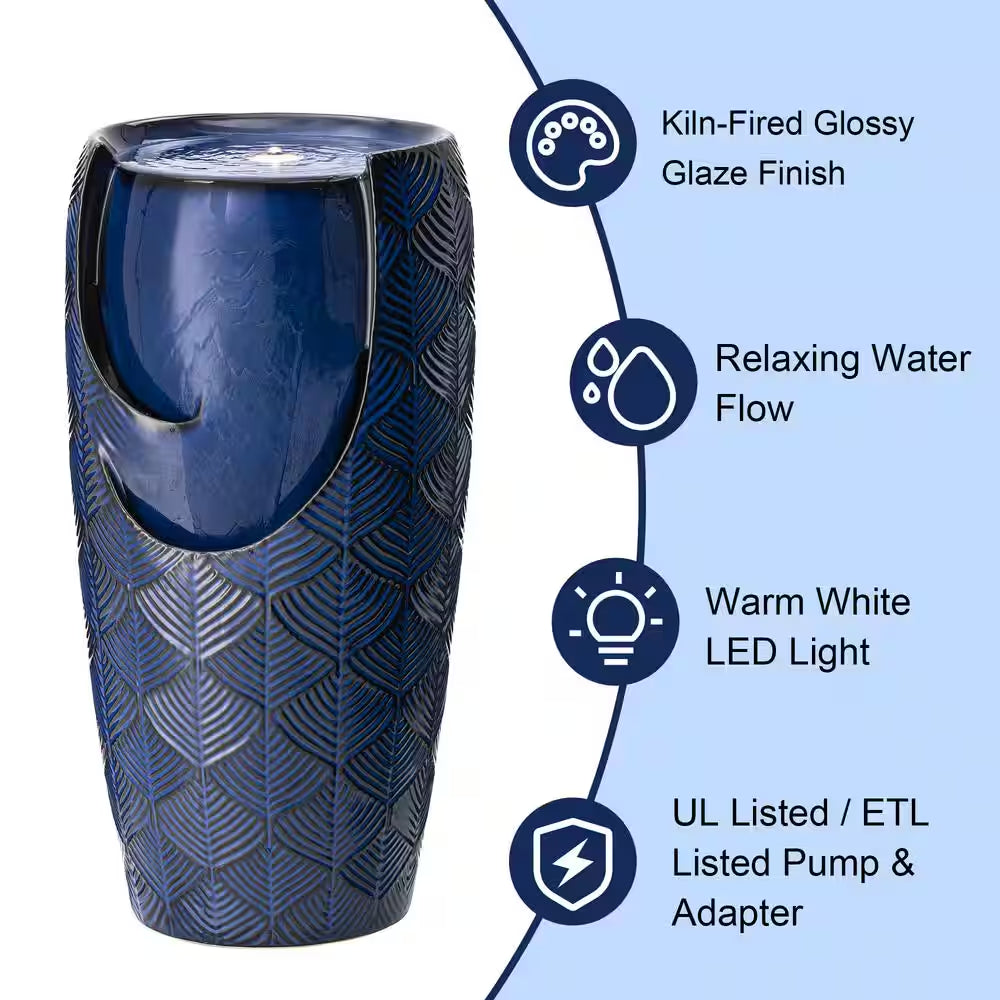 29.25 In. H Outdoor Oversized Cobalt Blue Scale-Like Textured Glaze Ceramic Pot Floor Fountain with LED Light