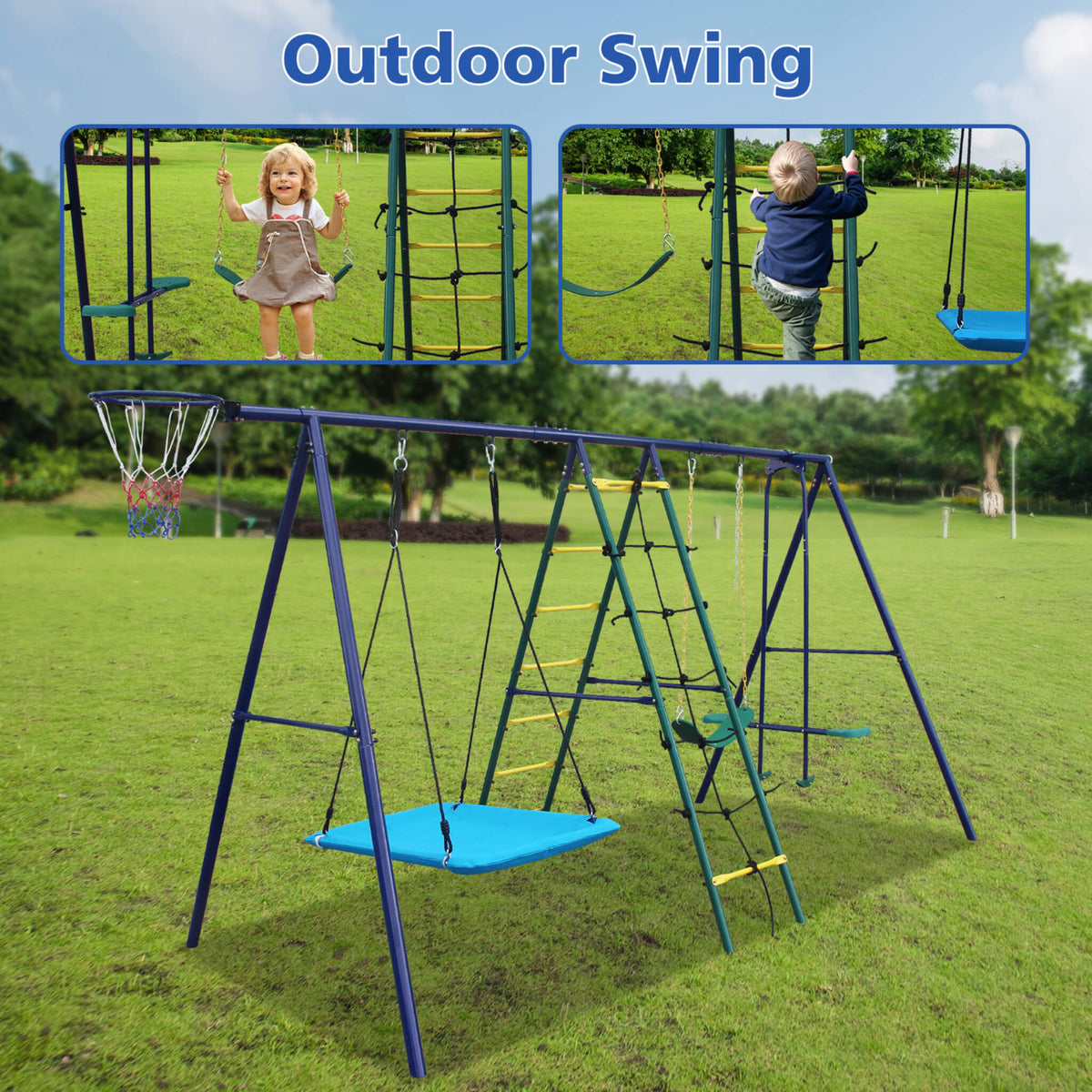 6-In-1 Outdoor Swing Set With Climbing Ladder Net And Basketball Hoop