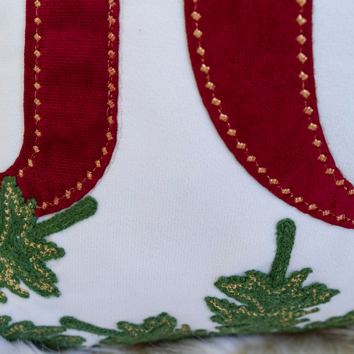JOY Embroidered Christmas Throw Pillow with Velvet - Red and Green