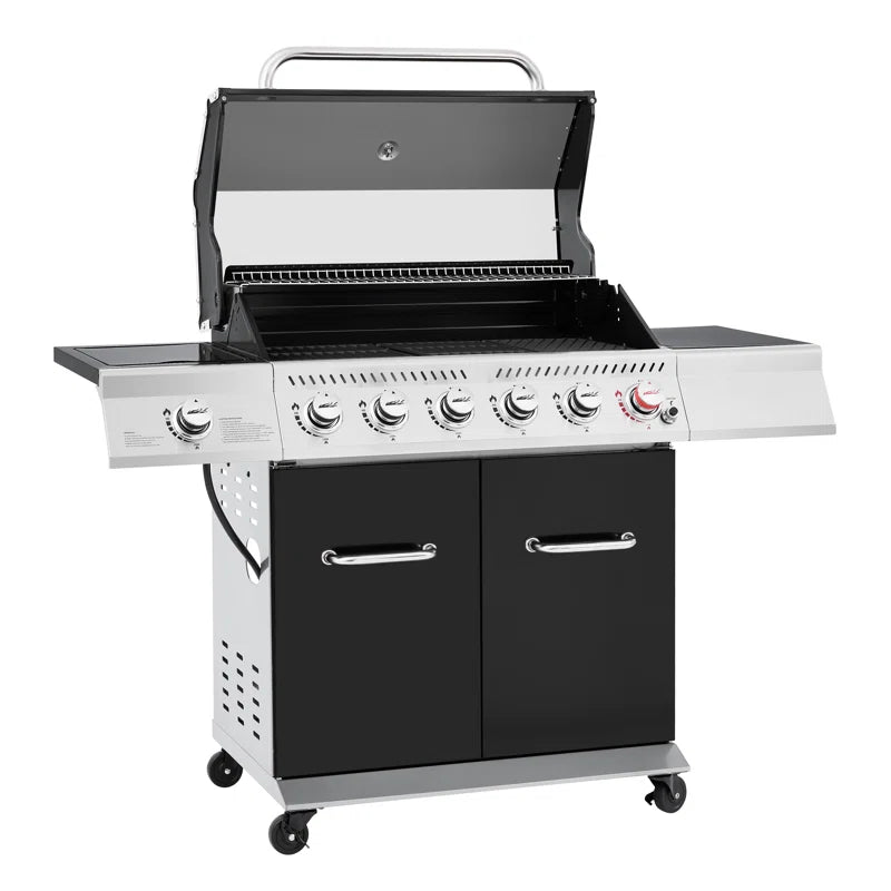 6 - Burner Free Standing Liquid Propane Gas Grill with Side Burner and Cabinet