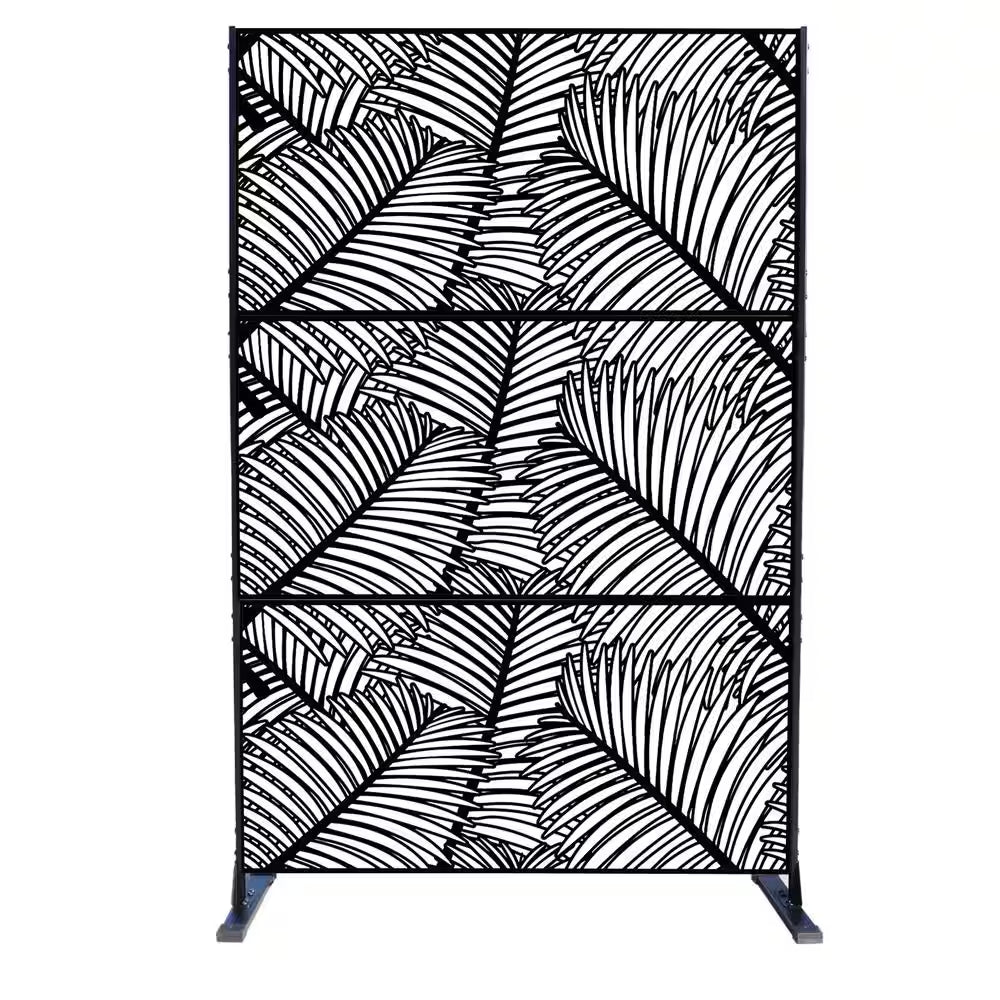 Powder Coated Galvanized Steel Privacy Screen 74 In. H X 47.2 In. W Decorative Fence with Stand (Black Palm Leaf)