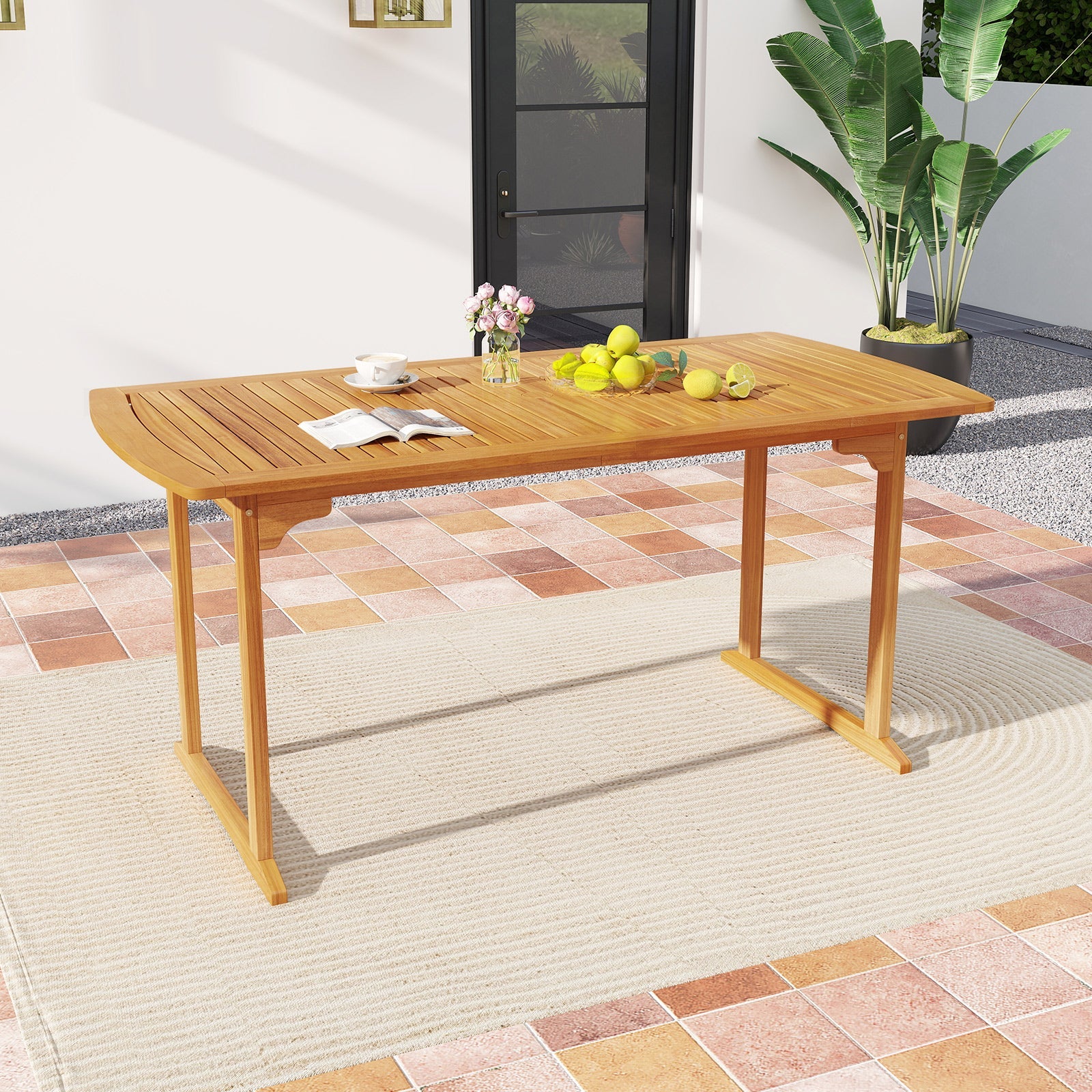63 inch Outdoor Dining Table with Umbrella Hole and Slatted Tabletop