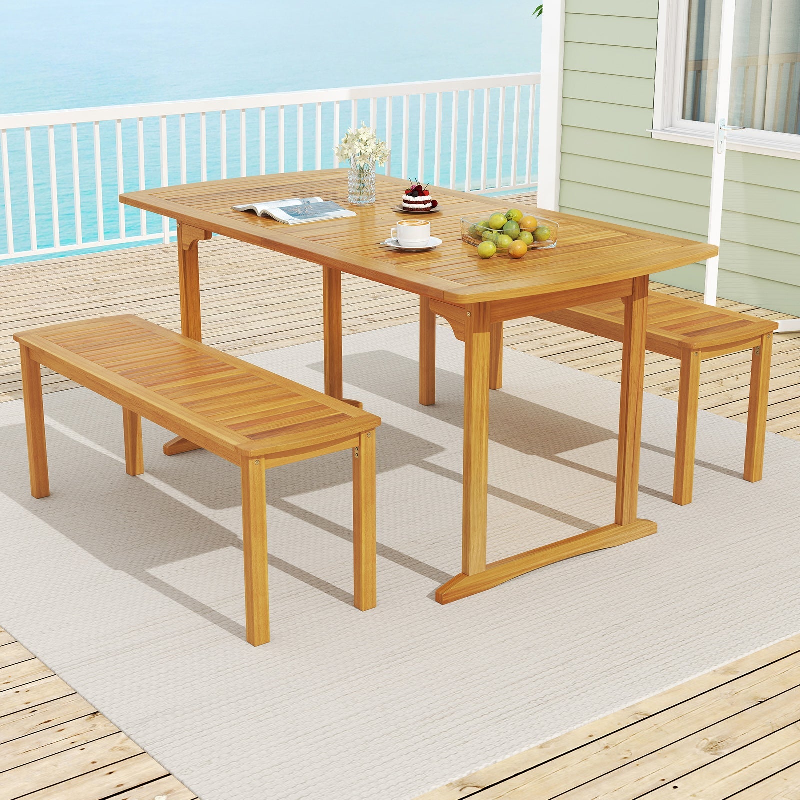 63 inch Outdoor Dining Table with Umbrella Hole and Slatted Tabletop