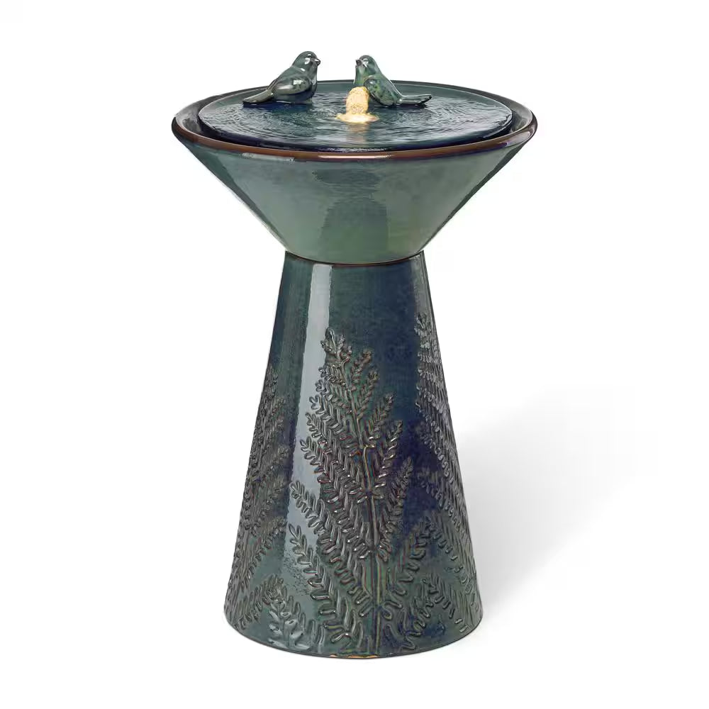 27.5 In. H Turquoise 2 Birds Embossed Plant Pattern Pedestal Ceramic Fountain with Pump and LED Light (KD)