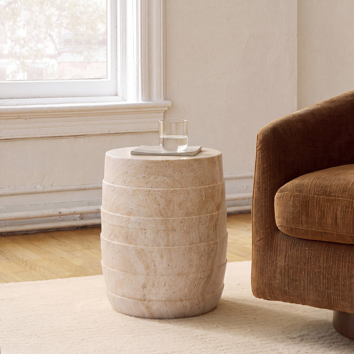 Modern Cylindrical Travertine-Look Outdoor Side Table with Ribbed Texture - Light Beige