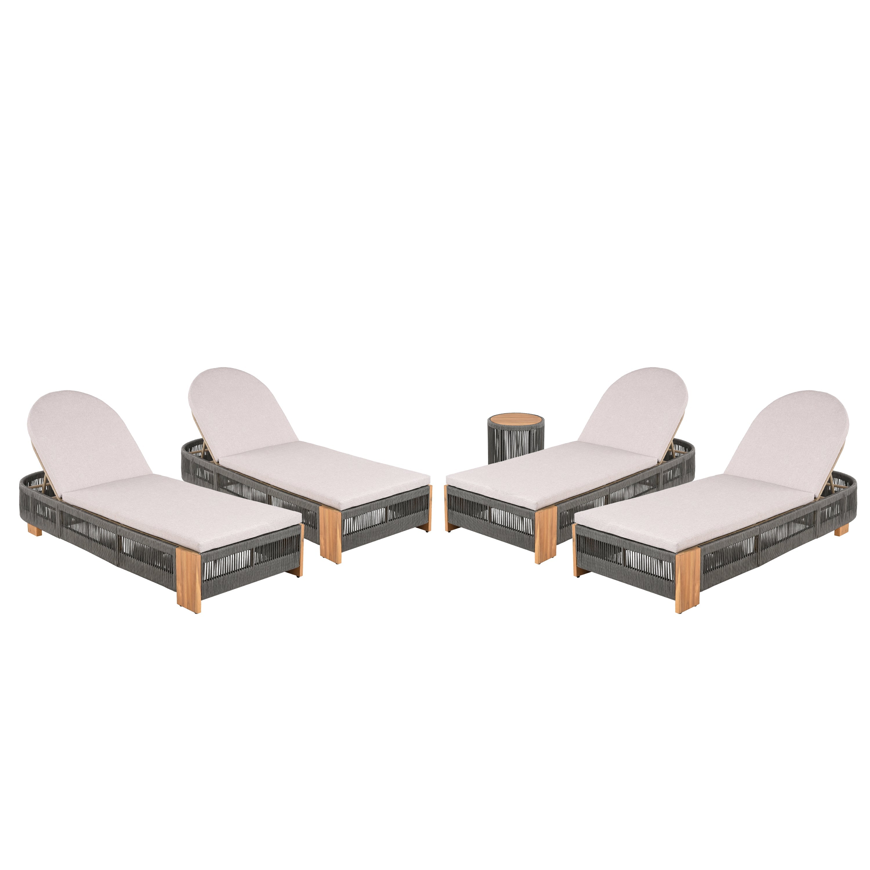 Outdoor Rope Chaise Lounge Set with Teak Look Side Table
