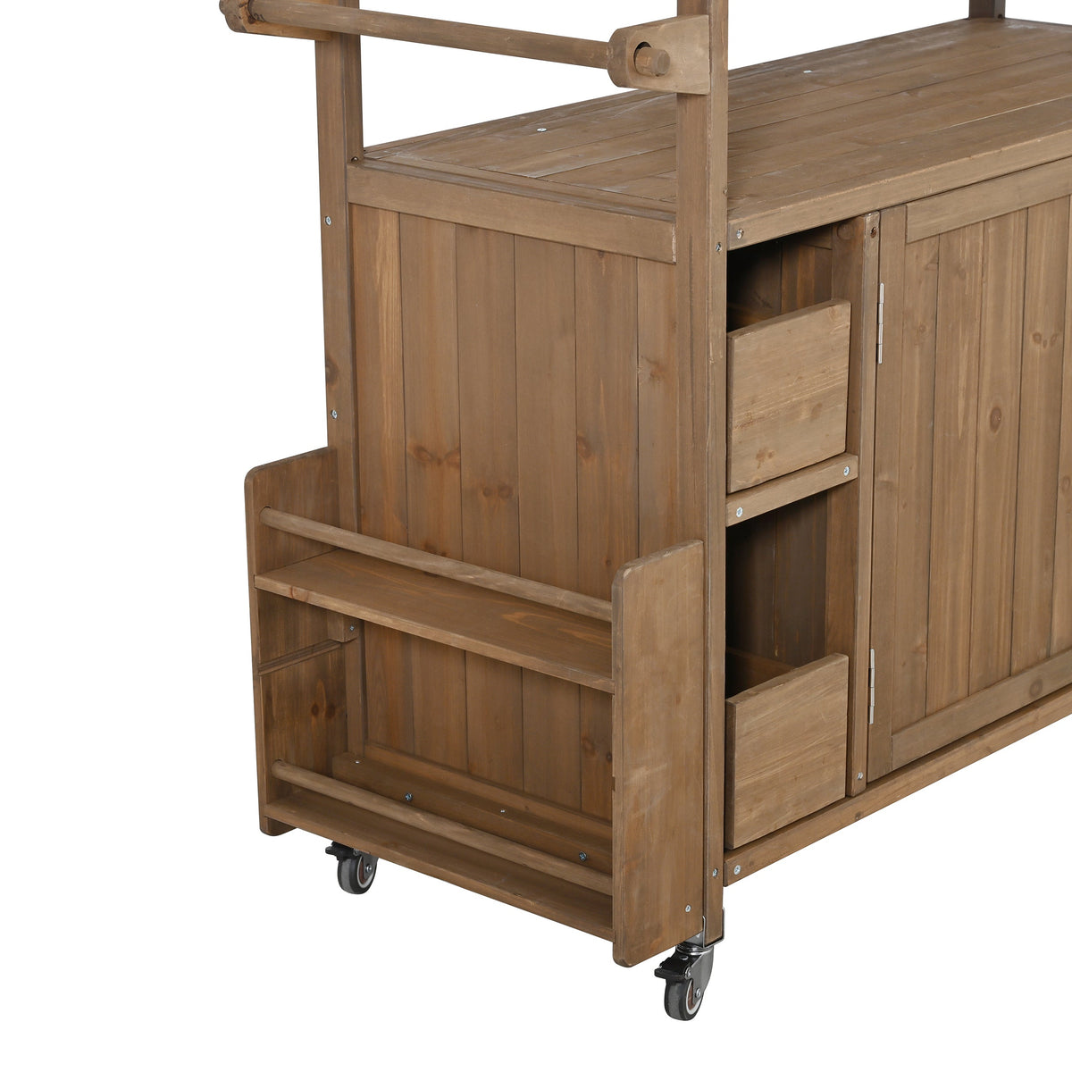 Farmhouse Rolling Outdoor Kitchen Cart with Stainless Steel Top - Natural Wood