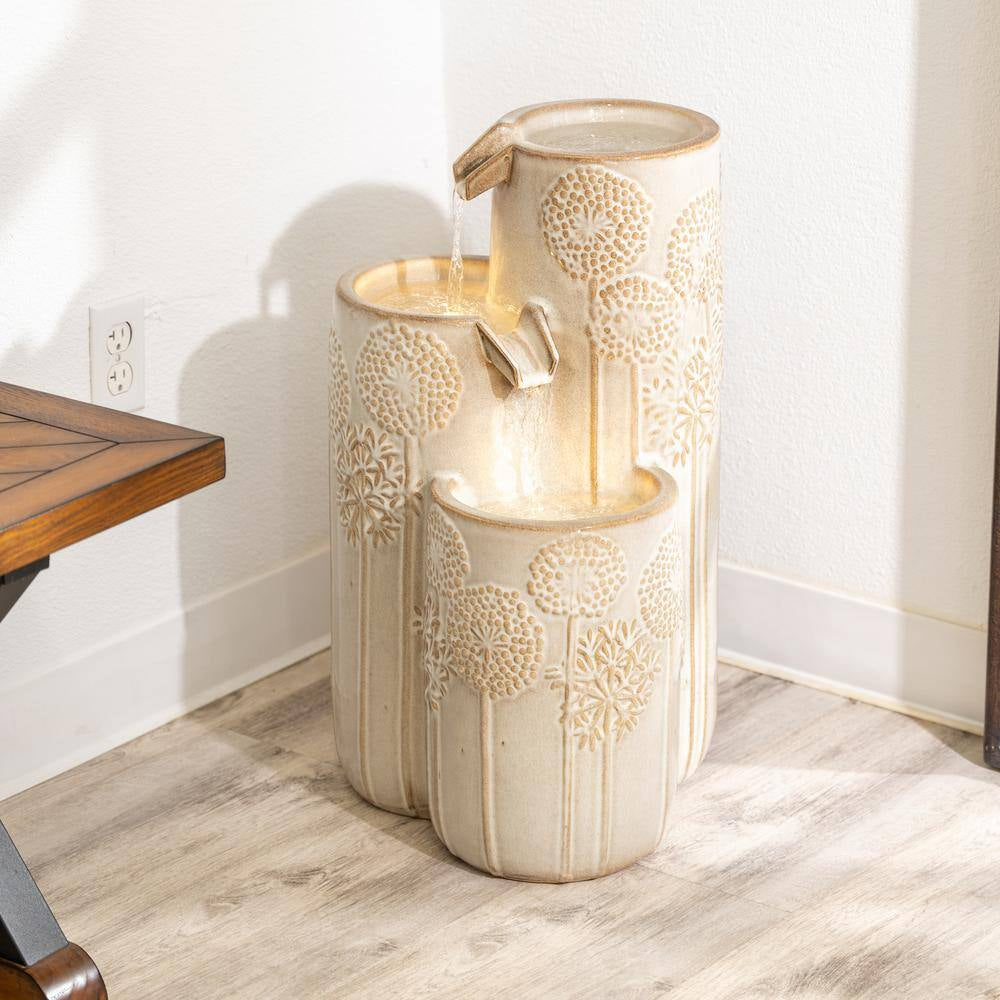 25 In. H Freestanding Cascadian Outdoor Garden Fountain W/Flower Details and Warm LED Lights, Ceramic, Beige