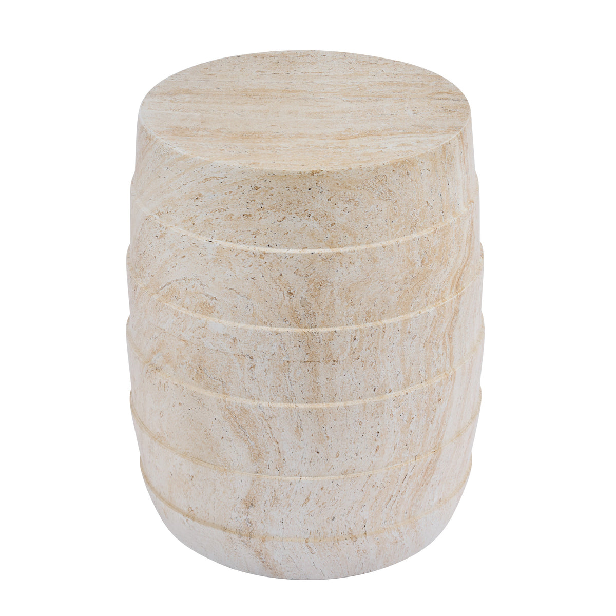 Modern Cylindrical Travertine-Look Outdoor Side Table with Ribbed Texture - Light Beige