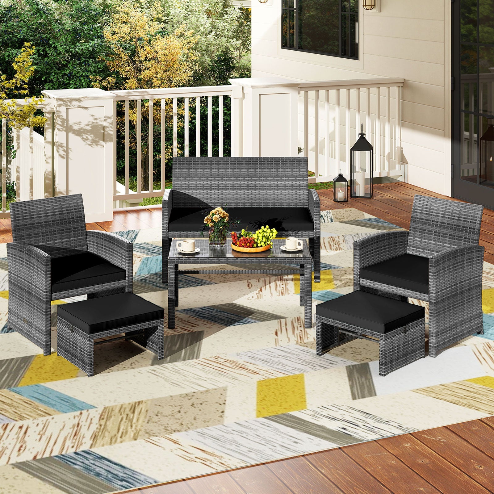 6 Pieces Patio Furniture Set Outdoor Sectional Conversation PE Rattan Sofa Set-Black
