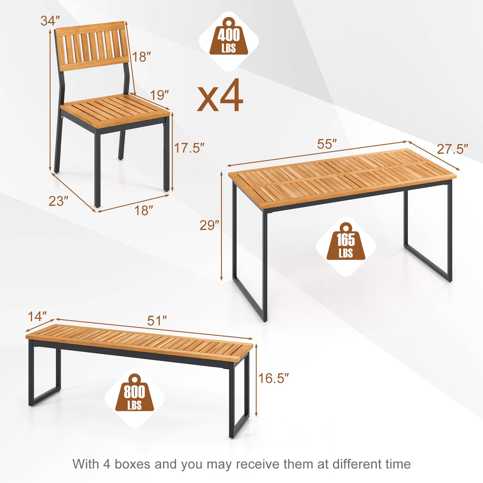 6 Pieces Outdoor Acacia Wood Dining Set with Bench and 2 Inches Umbrella Hole