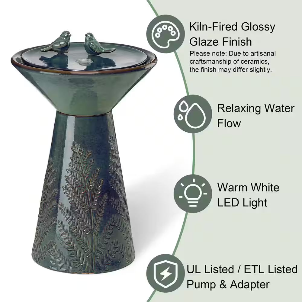 27.5 In. H Turquoise 2 Birds Embossed Plant Pattern Pedestal Ceramic Fountain with Pump and LED Light (KD)