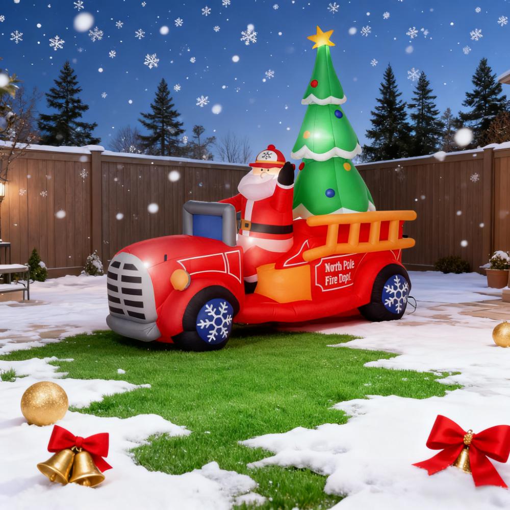 Inflatable Santa Truck with Lit Christmas Tree - Holiday Outdoor Decor