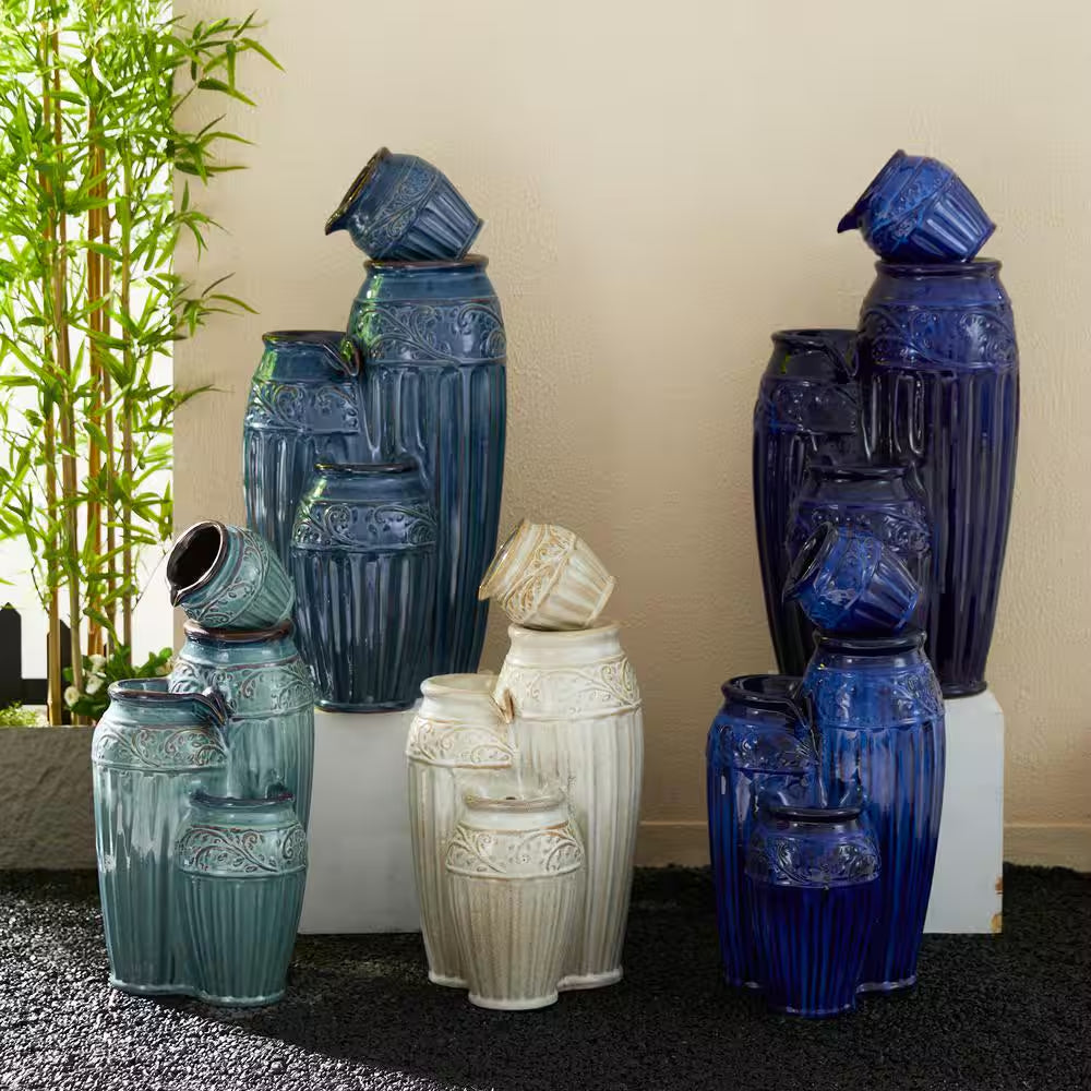 35.5 In. H Outdoor Oversized 4-Tiered Turquoise Embossed Pattern Ceramic Pots Floor Fountain with Pump and LED Light