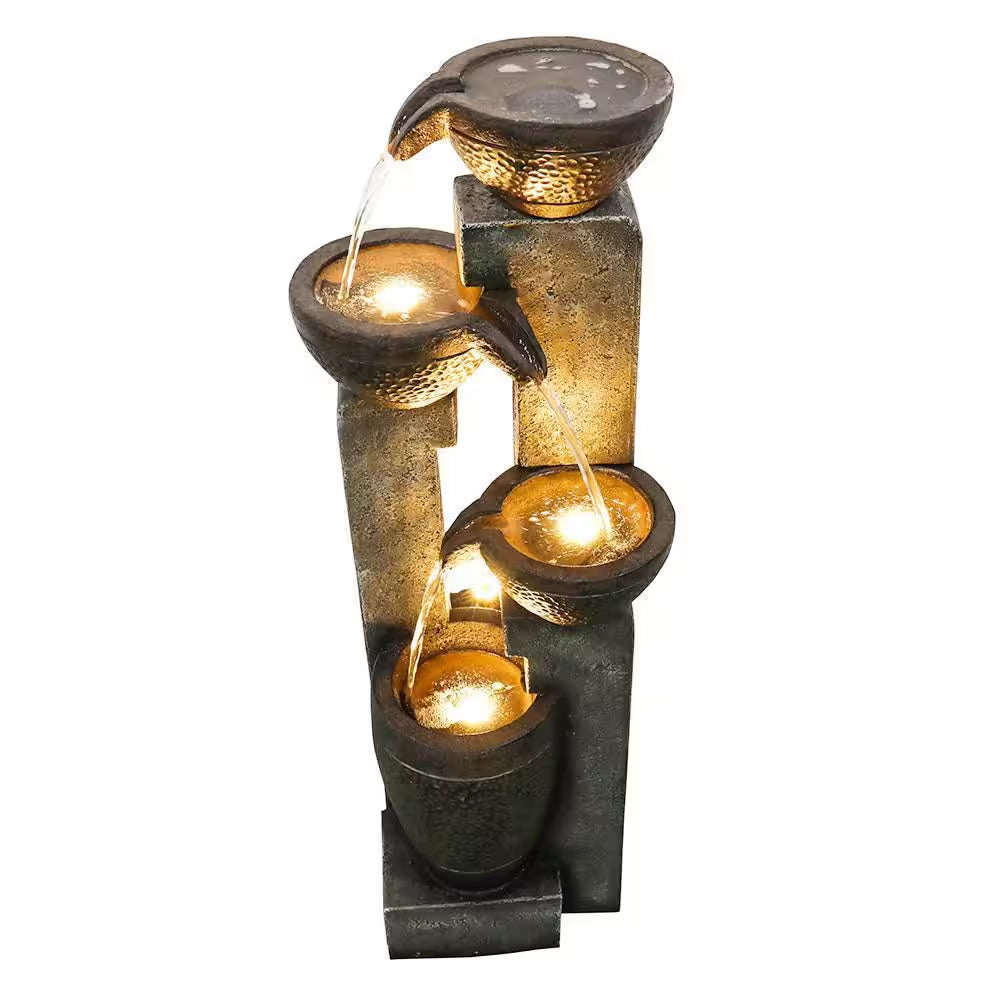 40 In. 4-Tier Resin Indoor Outdoor Fountain, LED Garden Fountain for Garden, Patio, Deck, Porch, Backyard, Home Decor