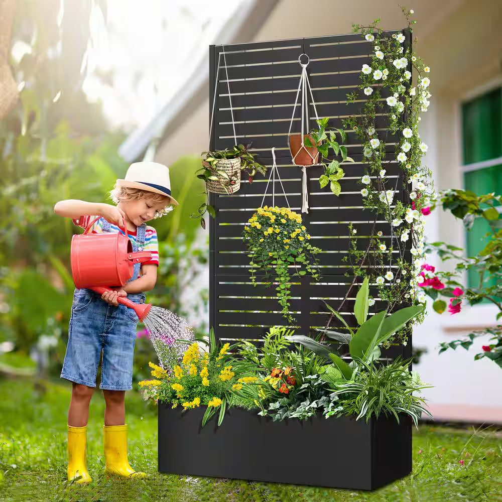35 In. L X 16 In. W X 71 In. H Metal Raised Garden Planter Box Trellis-Black Rectangle Pot Climbing Plants Cucumbers