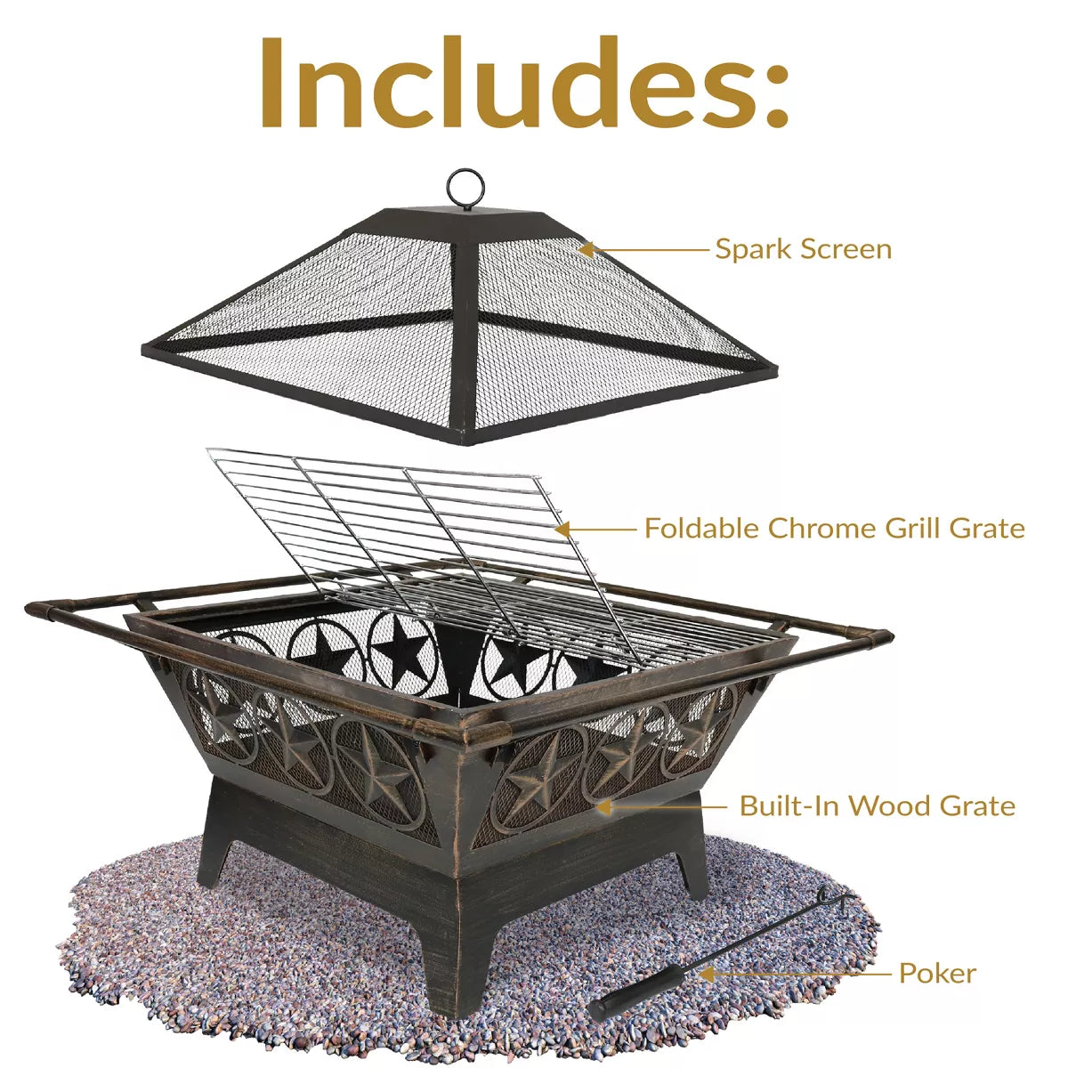 Sunnydaze Outdoor Camping or Backyard Steel Northern Galaxy Fire Pit with Cooking Grill Grate, Spark Screen, and Log Poker - 32"
