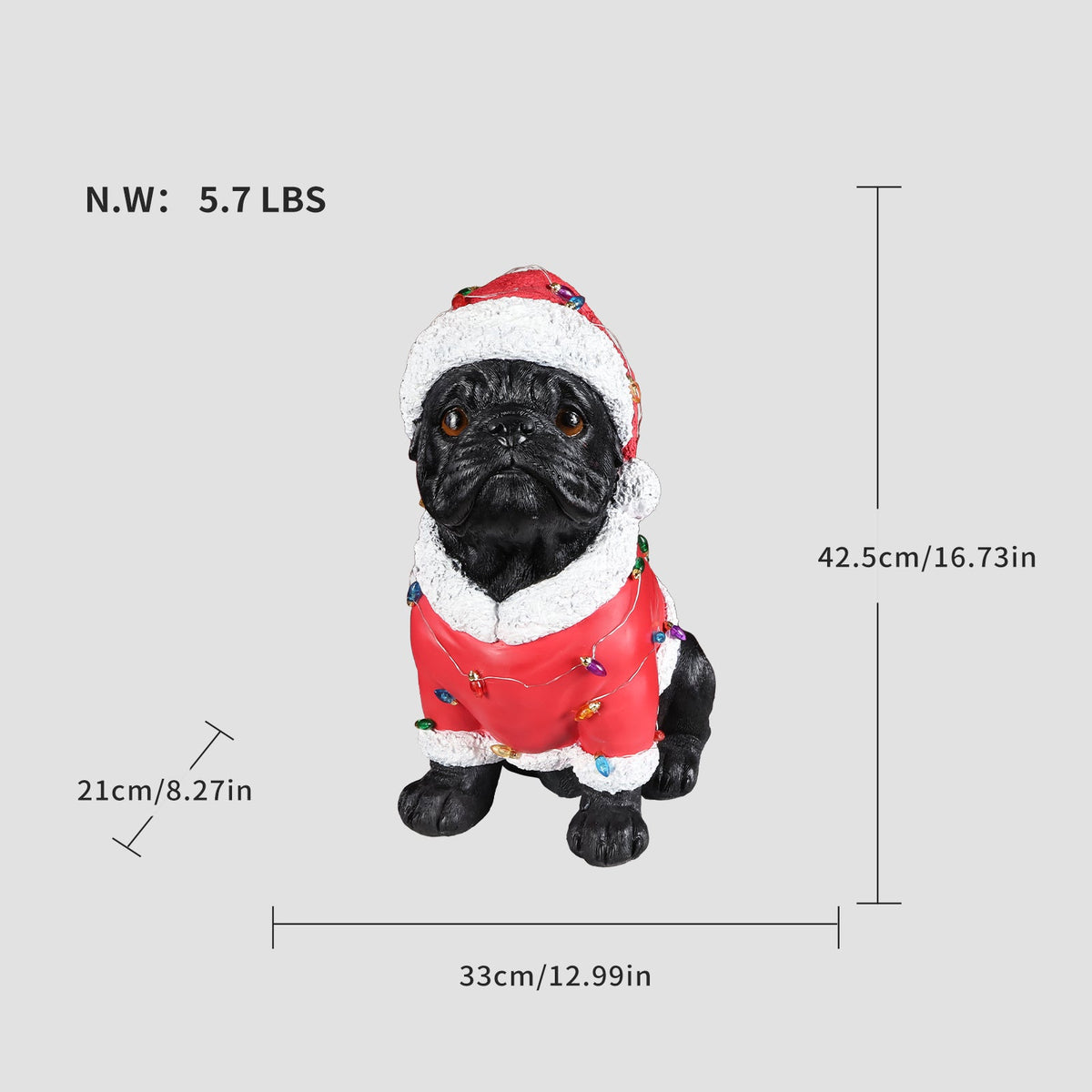 Christmas Pug Statue with Detailed Santa Outfit - Red