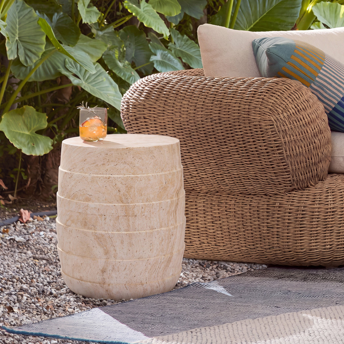 Modern Cylindrical Travertine-Look Outdoor Side Table with Ribbed Texture - Light Beige