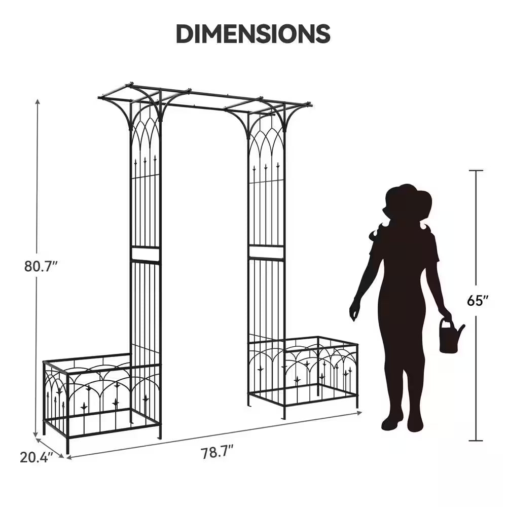 81 In. H Garden Arch Trellis with Planter Boxes for Climbing Plants Backyard and Lawn Black