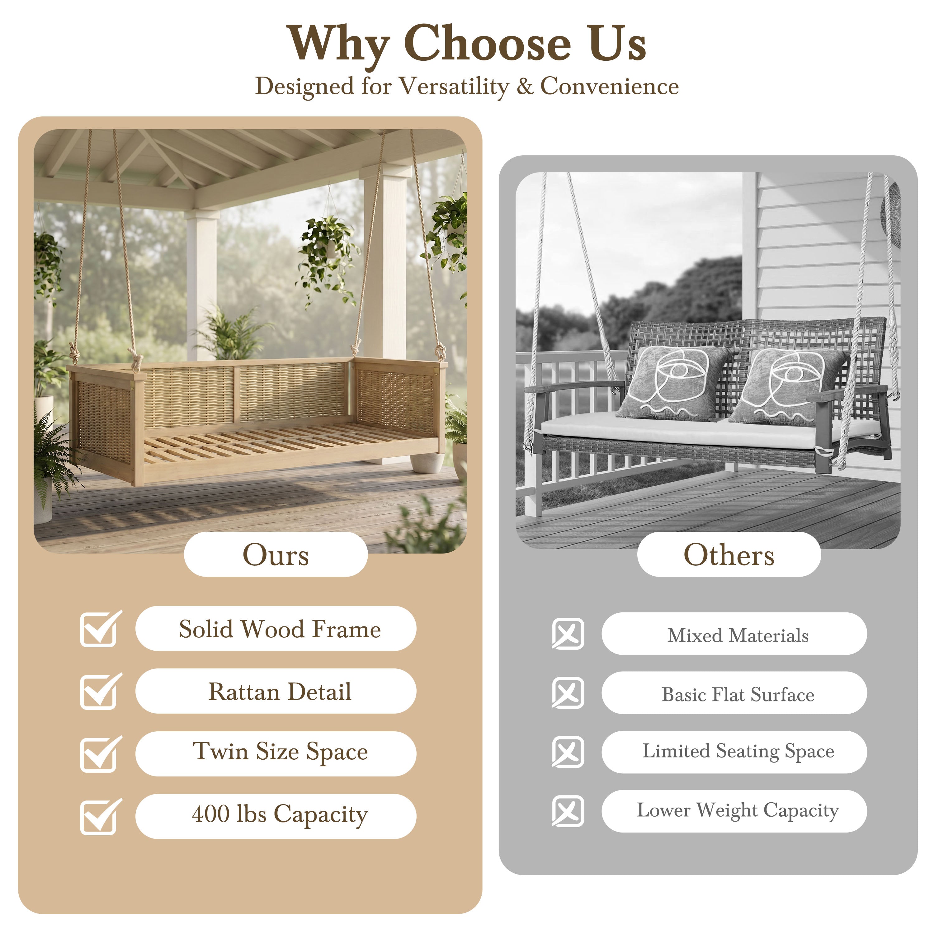 TOPMAX Outdoor Classic Solid Wood Twin Size Swing Bed