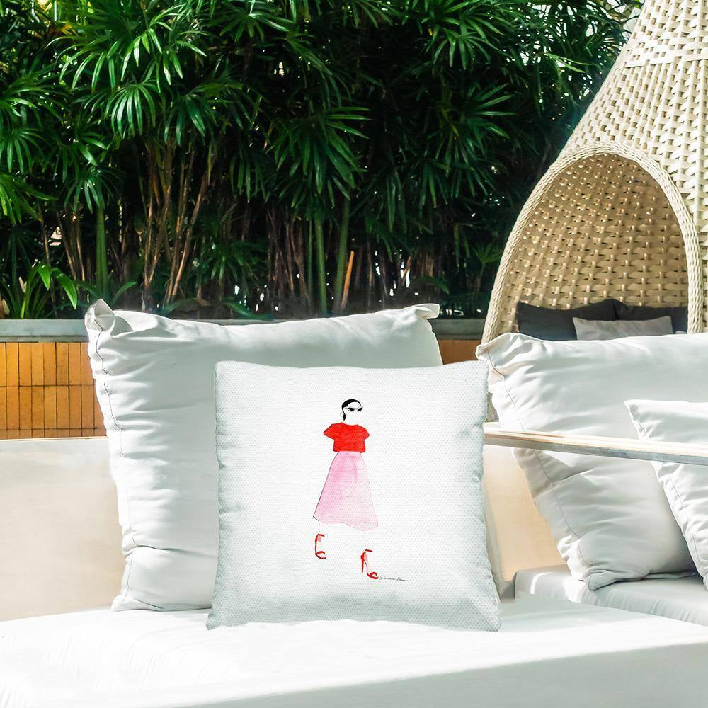 Pink and Red Trendy Girl Pink Square Outdoor Throw Pillow