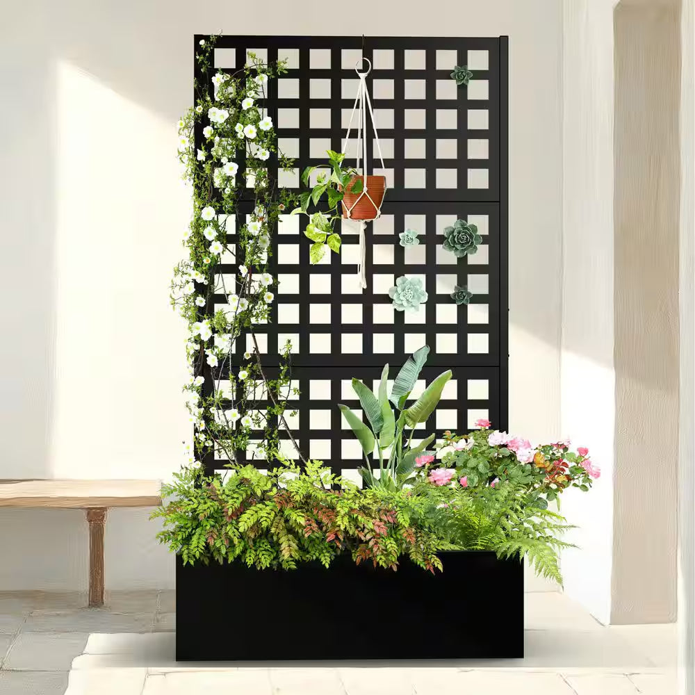 35 In.L X 16 In.W X 71 In.H Metal Raised Garden Planter Box W/Trellis-Black Rectangle Pot for Climbing Plants, Cucumbers