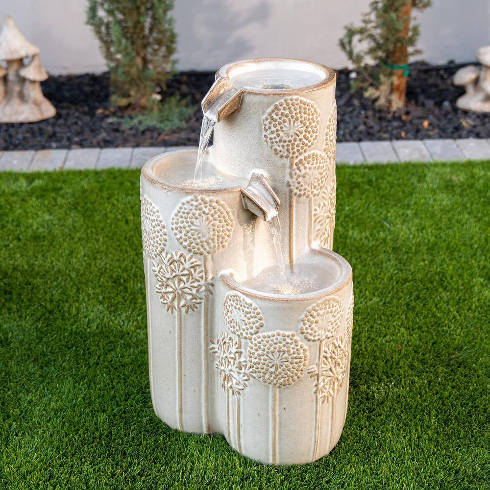 25 In. H Freestanding Cascadian Outdoor Garden Fountain W/Flower Details and Warm LED Lights, Ceramic, Beige