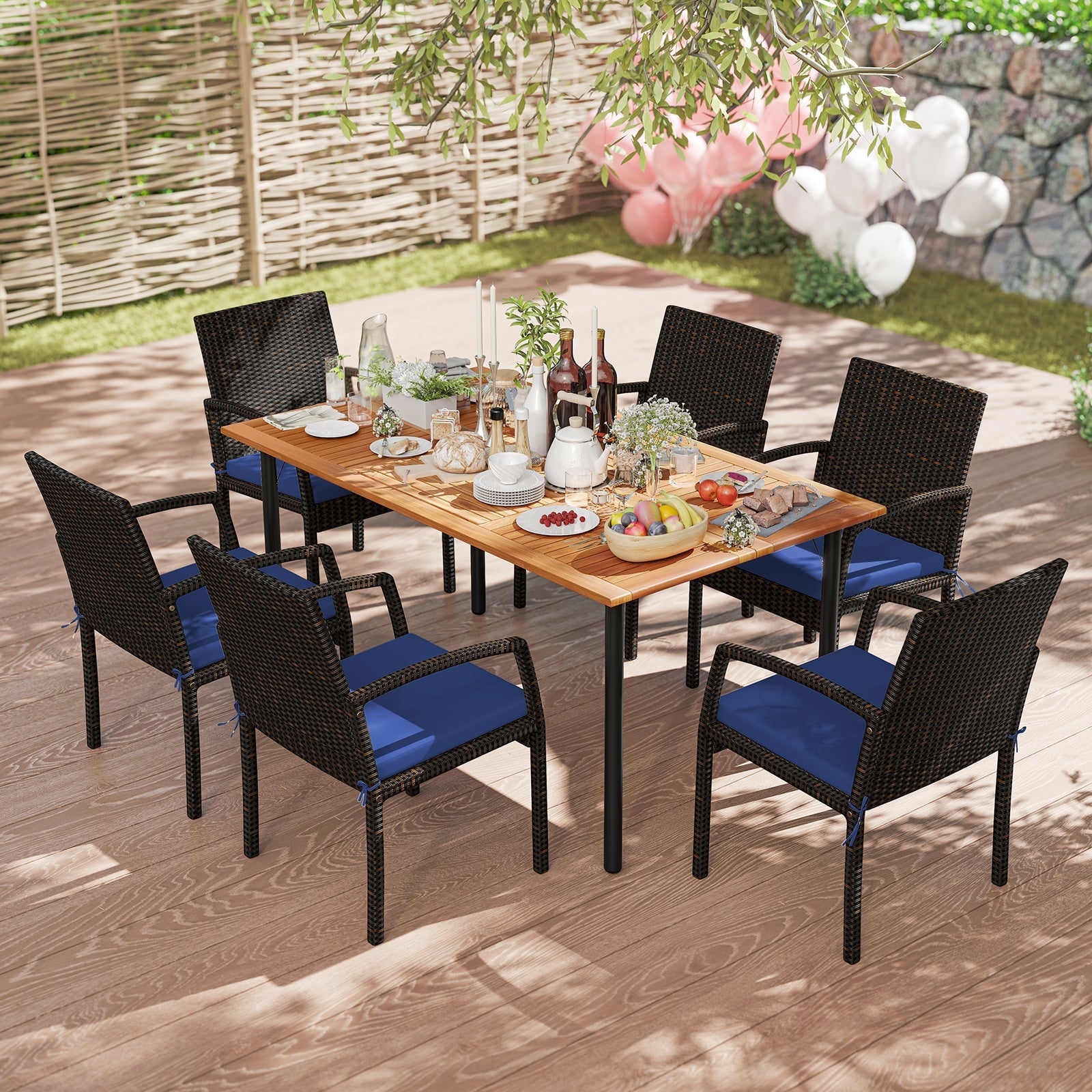 7 Pieces Outdoor Dining Set Acacia Wood Table with Umbrella Hole and Cushions