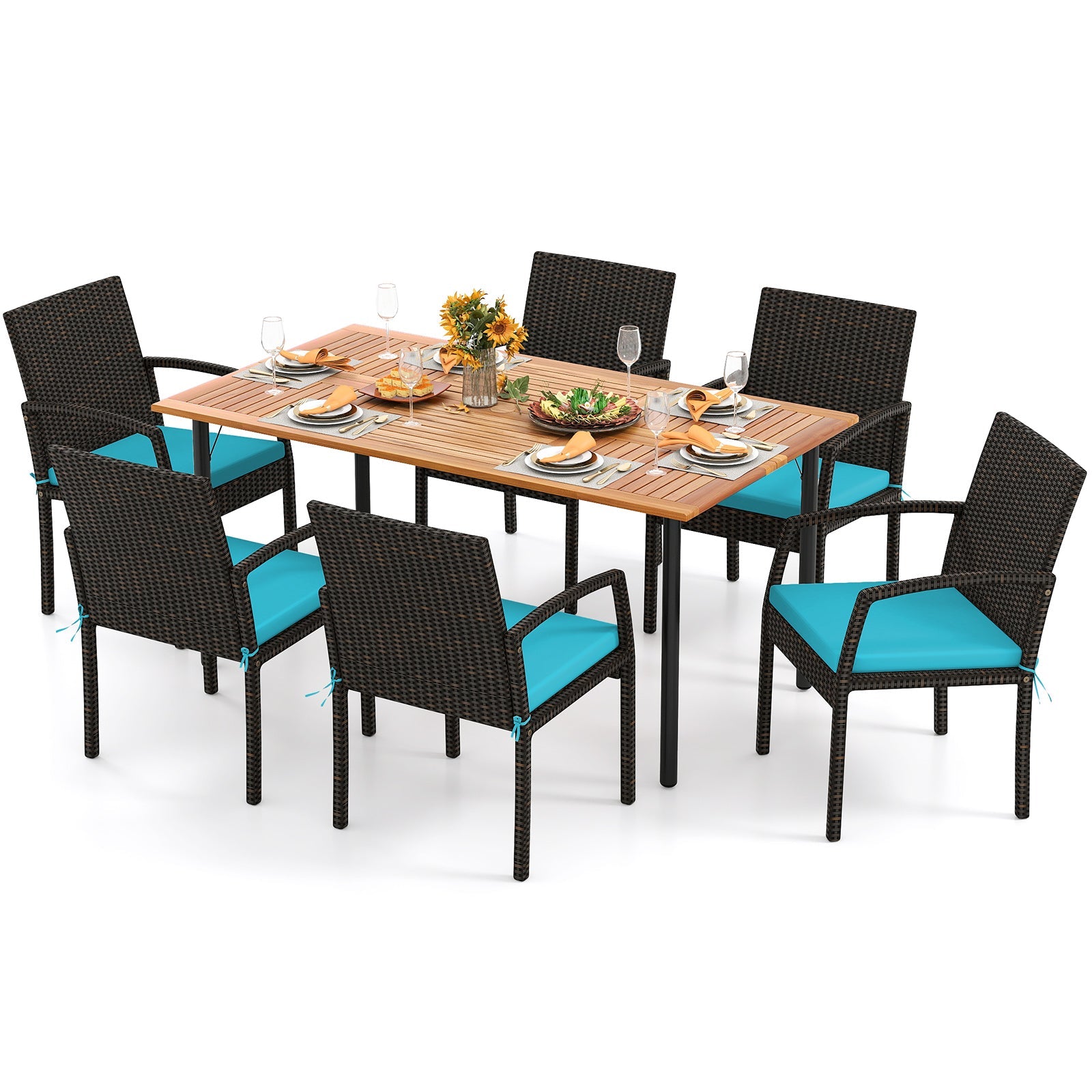 7 Pieces Outdoor Dining Set Acacia Wood Table with Umbrella Hole and Cushions