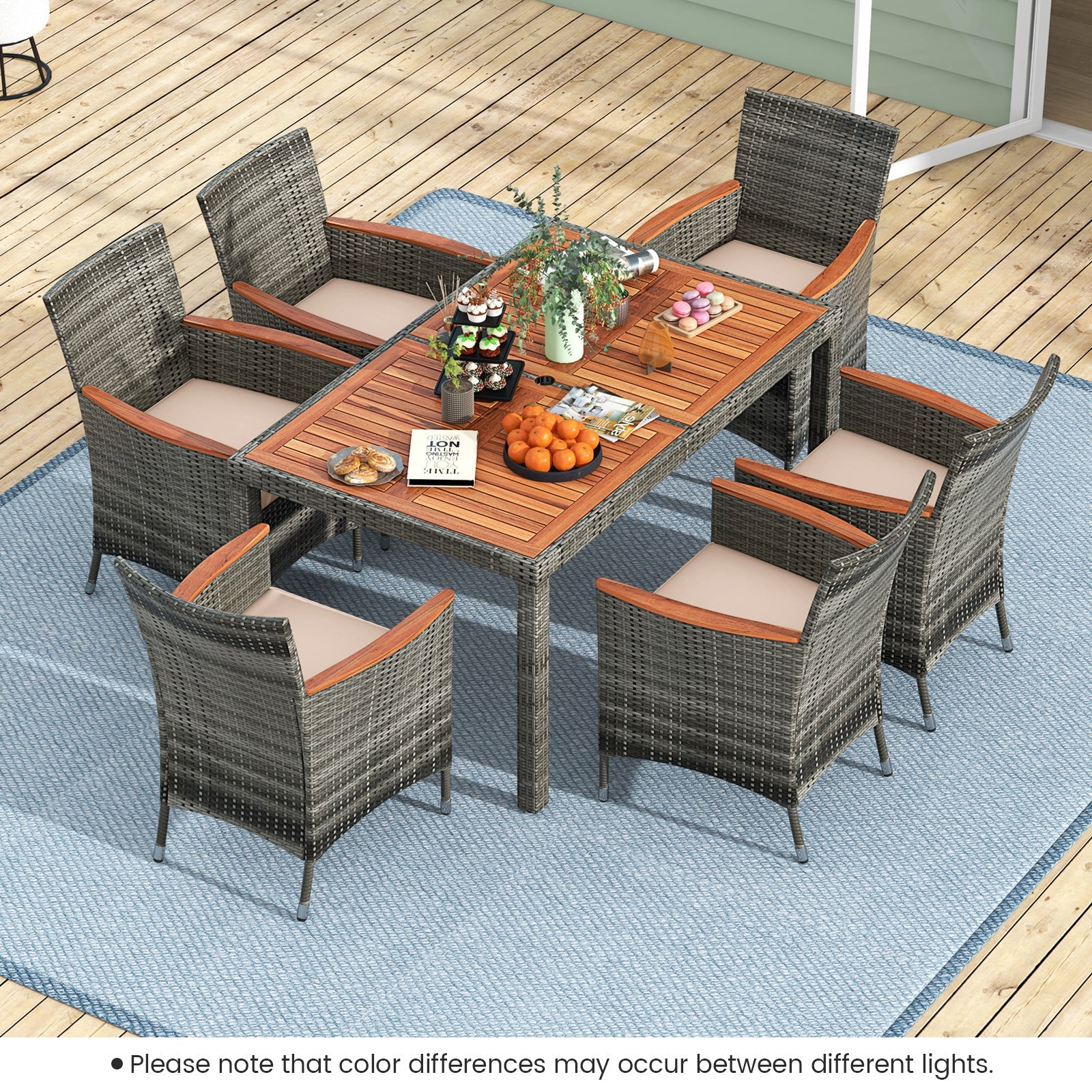 7 Pieces Patio Acacia Wood Cushioned PE Rattan Wicker Dining Set
