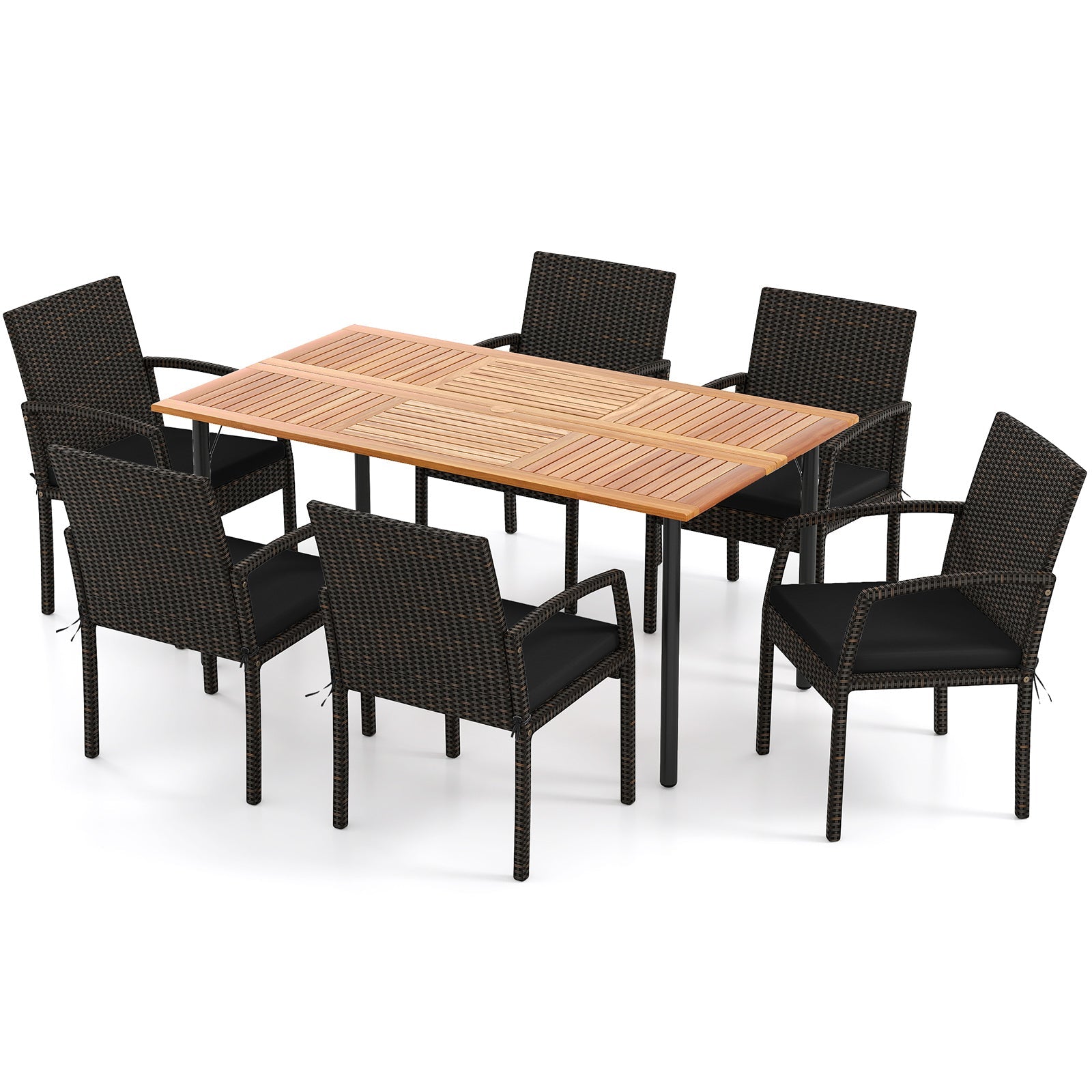 7 Pieces Outdoor Dining Set Acacia Wood Table with Umbrella Hole and Cushions