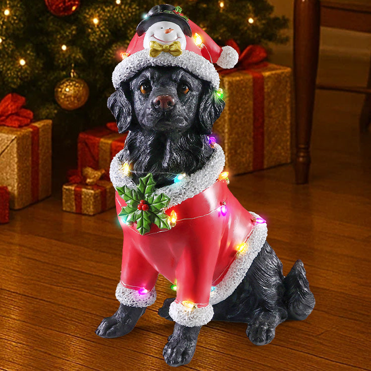 Christmas Dog Statue with Santa Outfit - Black Retriever Holiday Figurine