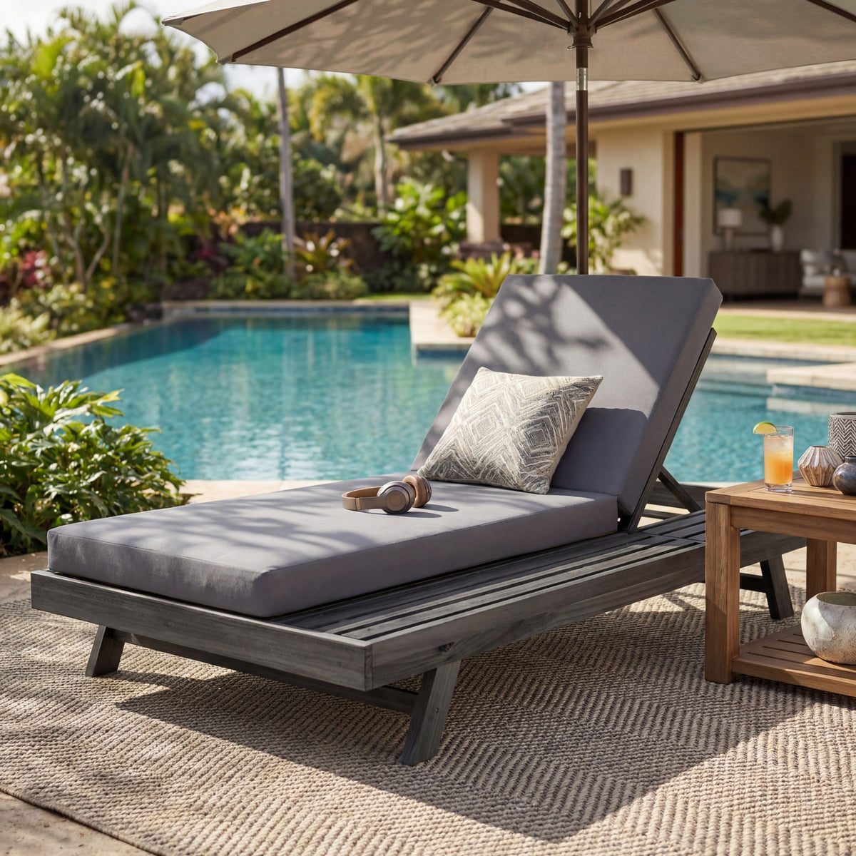 Black Acacia Wood Outdoor Chaise Lounge with Water-Resistant Cushions