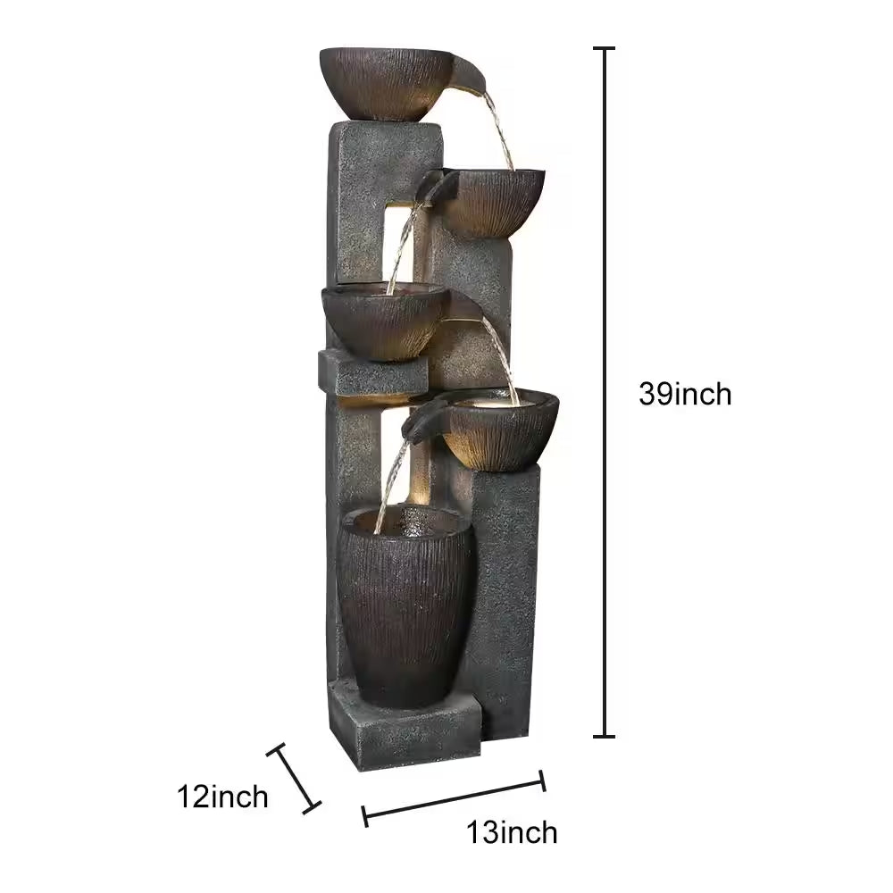 5-Tiers Outdoor Water Fountains with LED Lights, 39 In. Floor Standing Waterfall Fountains for Garden, Patio, Porch