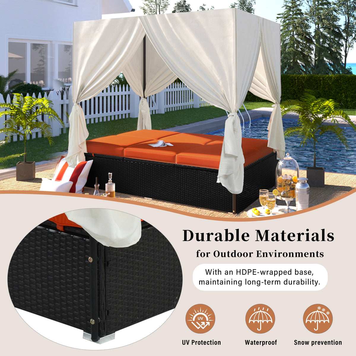 U_STYLE Outdoor Double Chaise Lounge Daybed with Curtains
