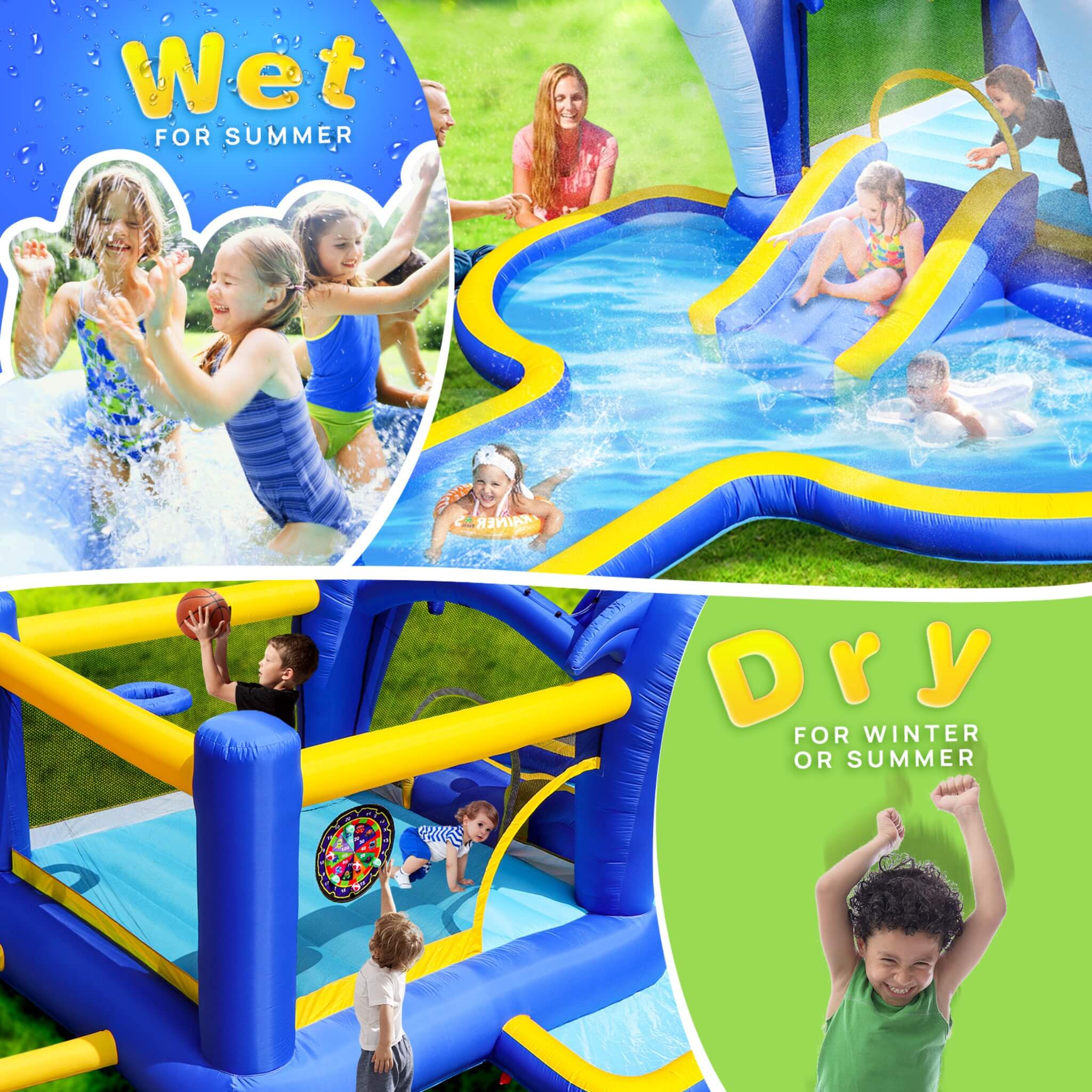 8-In-1 Inflatable Water Park Bounce House with Sprinkler, Water Gun, And Basketball Hoop