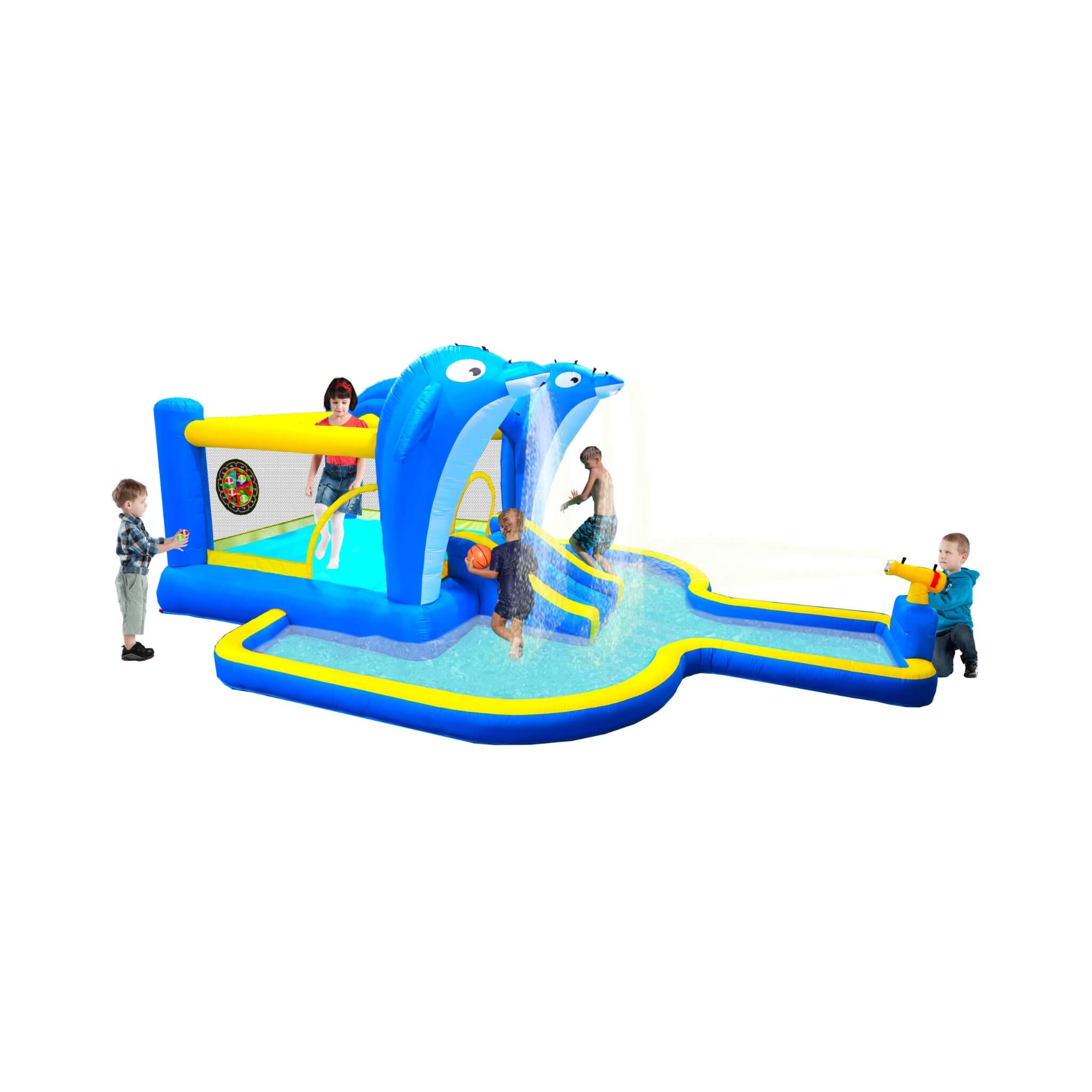 8-In-1 Inflatable Water Park Bounce House with Sprinkler, Water Gun, And Basketball Hoop