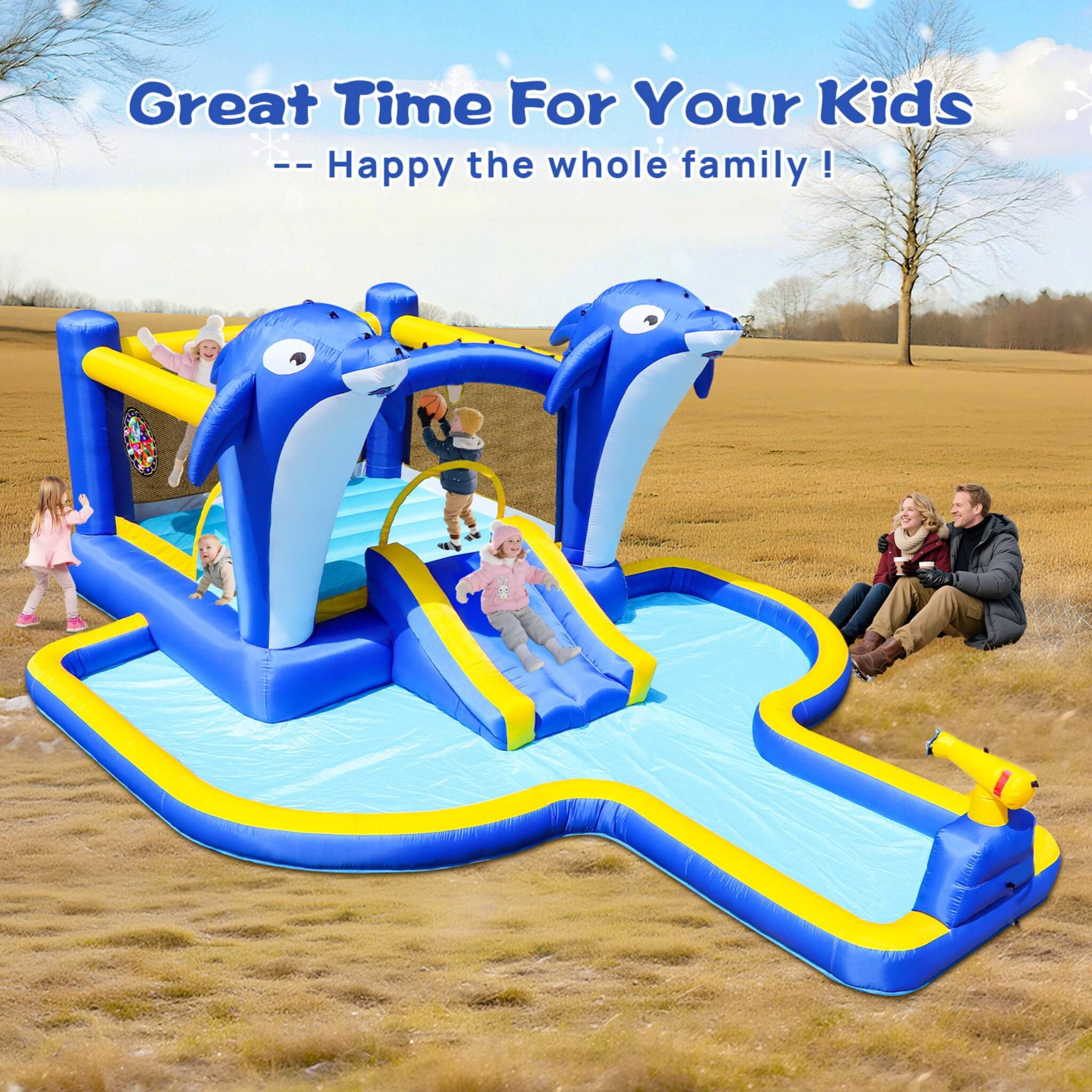 8-In-1 Inflatable Water Park Bounce House with Sprinkler, Water Gun, And Basketball Hoop