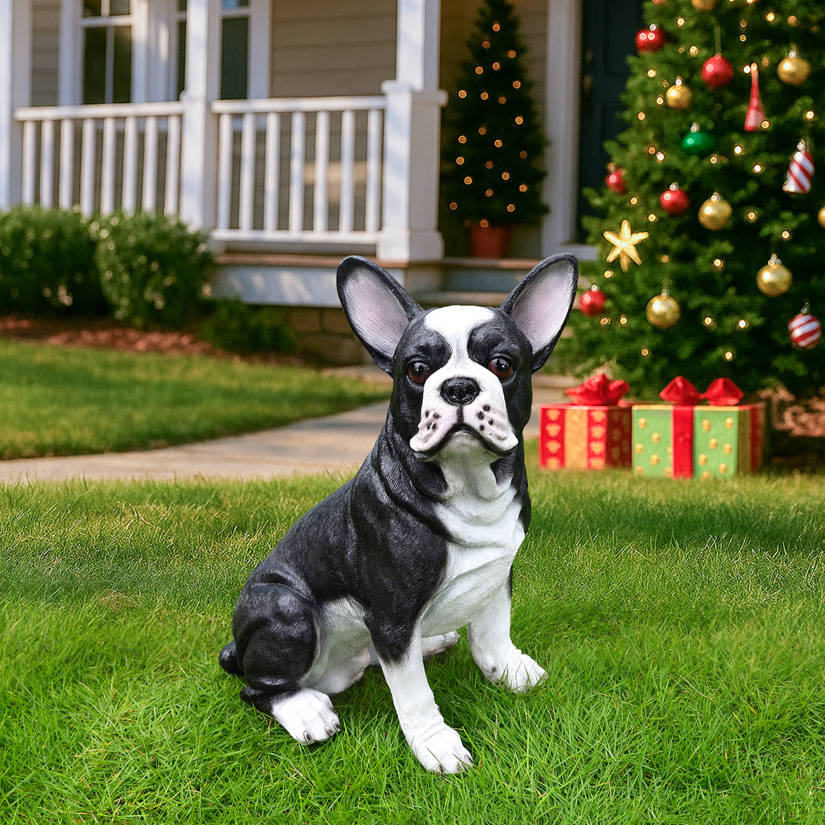 Lifelike French Bulldog Statue, Realistic Resin Animal Figurine for Indoor Outdoor Garden Lawn Yard Home Decor, Art Craft Gift, Black+White