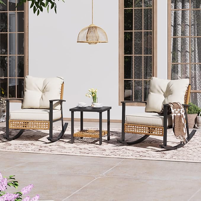 LAUSAINT HOME 3-Piece Rocking Bistro Set, Outdoor Patio Furniture with Thick Cushions and 2-Tier Coffee Table, Oversize Rattan Conversation Set for Garden, Balcony, Backyard (Beige)