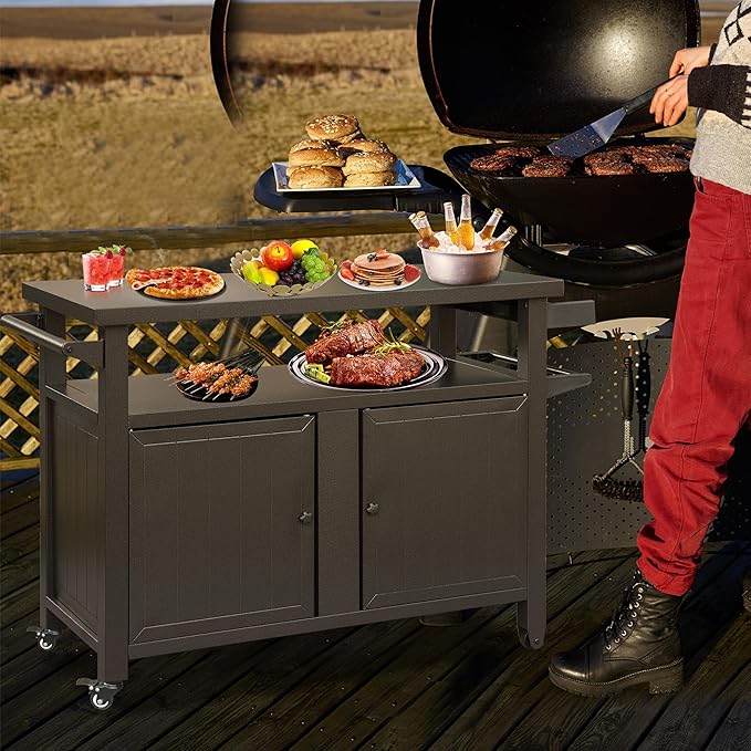 Domi Grill Carts Outdoor Storage Cabinet with Wheels, Metal Outdoor Grill Kitchen Table Dining Cooking Prep BBQ Table for Patio, Kitchen Island, Home Party, Bar (Brown)