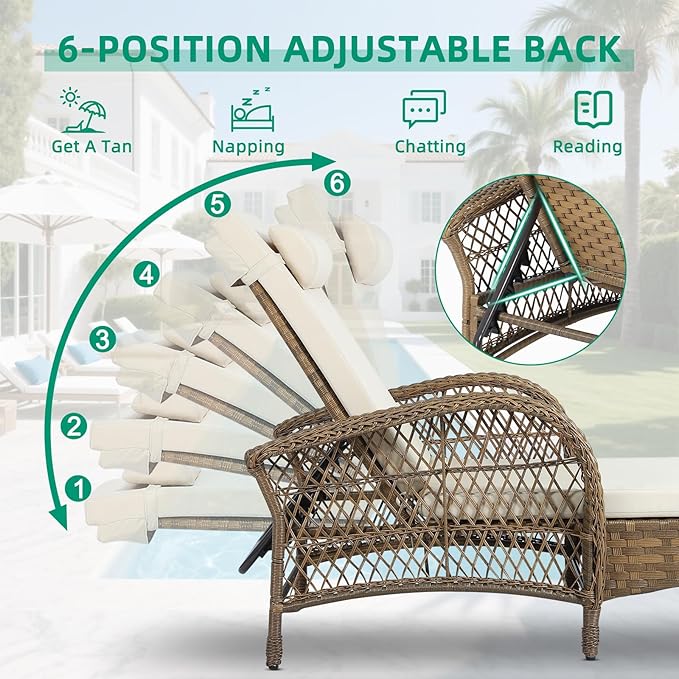 VIVIJASON 3 Pieces Outdoor Wicker Chaise Lounge Chair Set, All-Weather PE Rattan Cushioned Patio Lounger Set of 2 with Side Table, Adjustable Pool Sunbathing Recliner with Armrest & Pillow, Beige